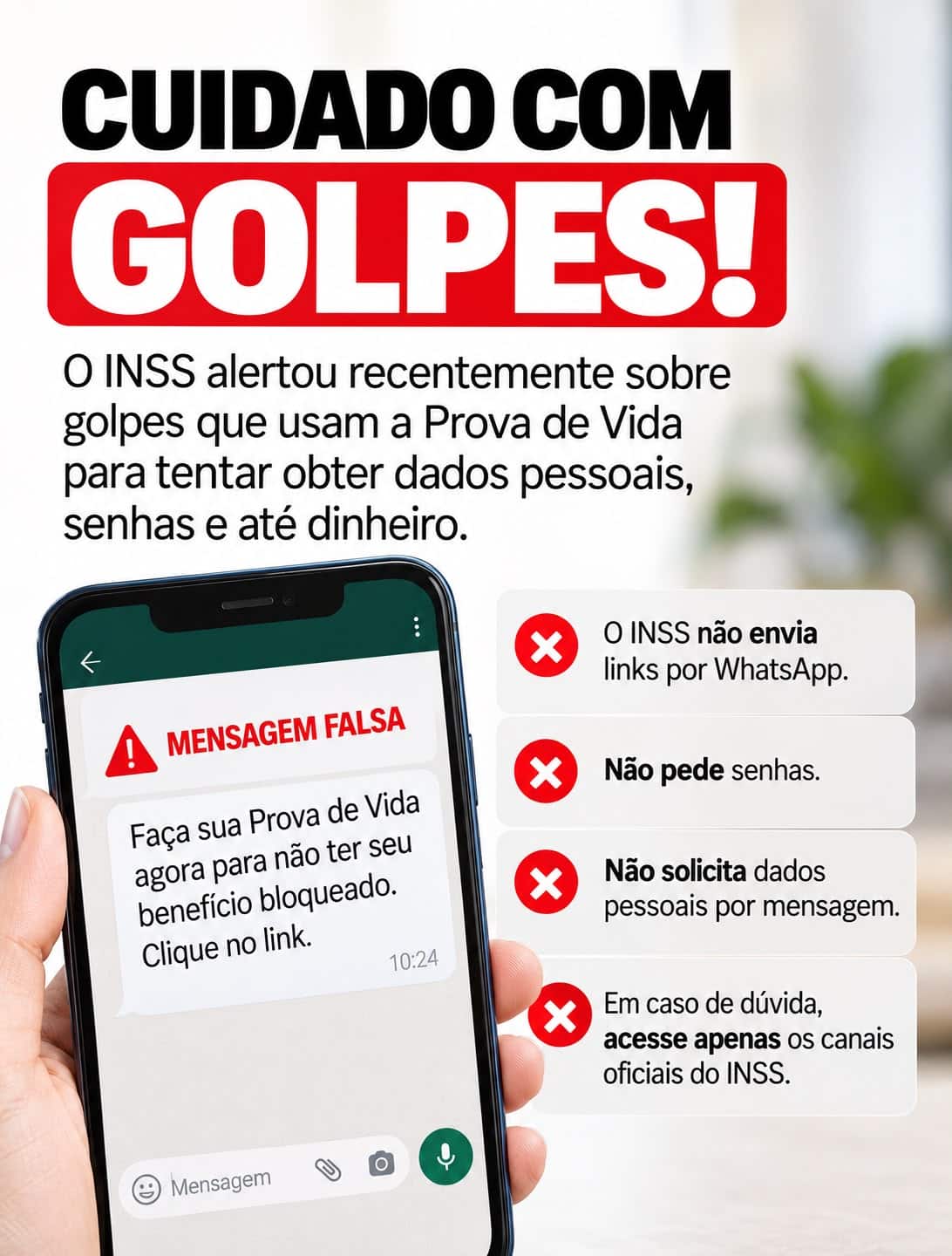 Cartaz: cuidado com golpes, o INSS não envia links por WhatsApp e não pede senhas